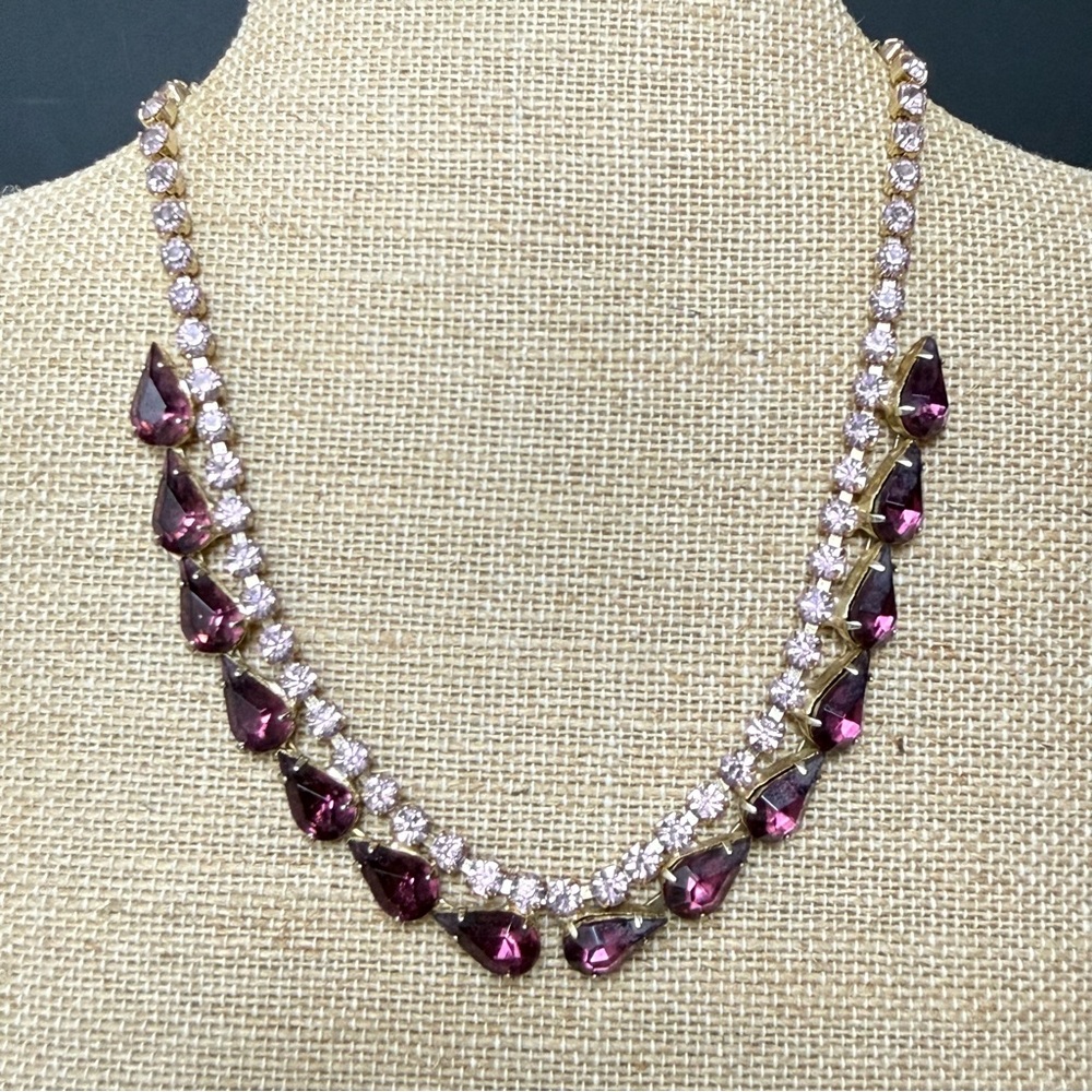 Vintage Plum/Pink Faceted Prong-set Rhinestone Choker Gold Tone 12”